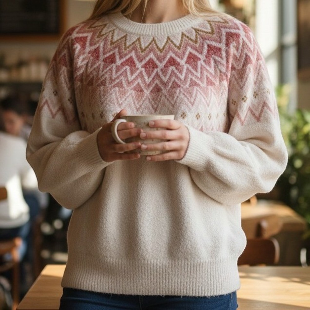 Caslon Fair Isle Knit Crewneck Sweater Boho Pink Cream Large NWT Cozy